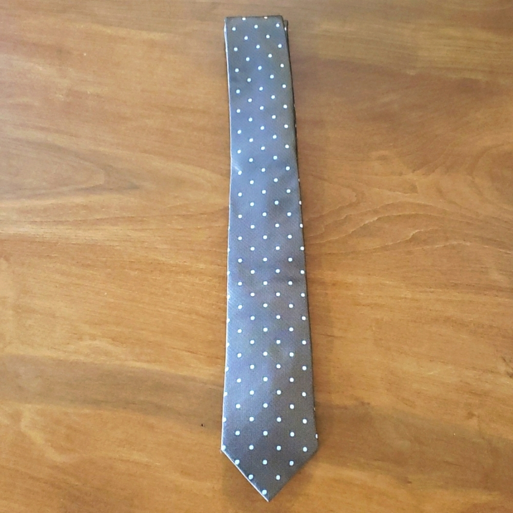 Harrison Blake brown/white polka-dot necktie.